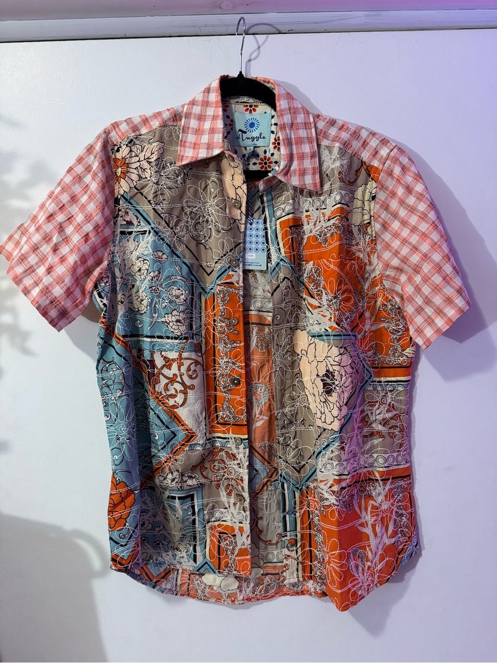 El Tuggle DESIGNER Men's Short-Sleeve Patchwork Shirt - Orange Palm Springs NWT